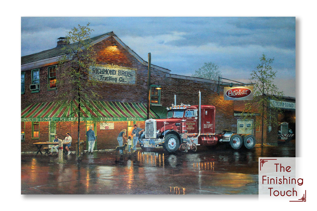 An Americana landscape painting of a red semi truck parked in front of a building with people sitting outside on a rainy evening.