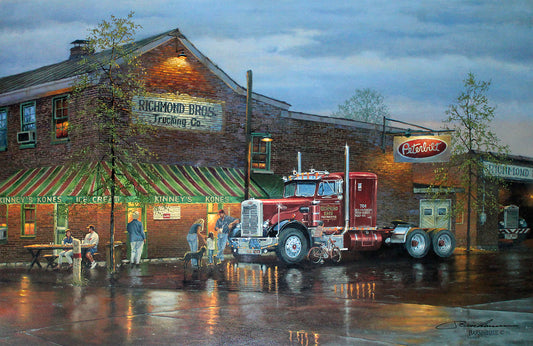 An Americana landscape painting of a red semi truck parked in front of a building with people sitting outside on a rainy evening.