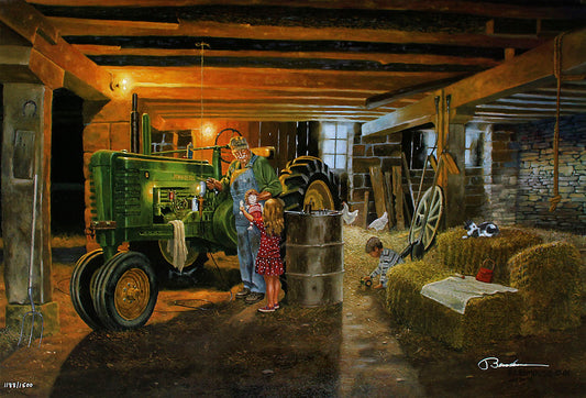A painting of a family in a barn with a green tractor, two children playing with their grandpa.