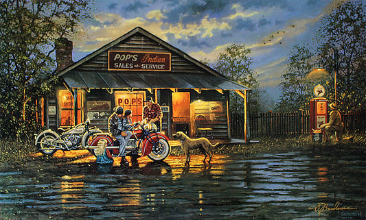 Painting of a motorcycle shop named 'Pop's Indian Sales & Service' with people and a dog in front.