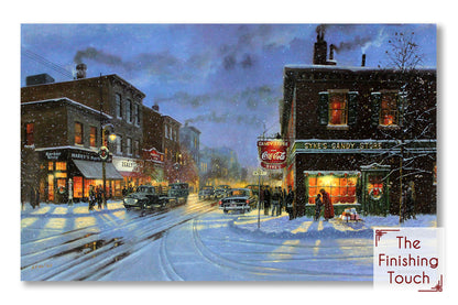 A landscape painting of a snowy city street in 1940s or 1950s America, illuminated by streetlights and lights from inside shops, including a candy store and barber.