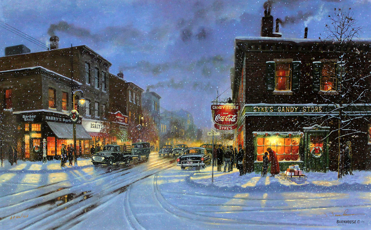 A landscape painting of a snowy city street in 1940s or 1950s America, illuminated by streetlights and lights from inside shops, including a candy store and barber.