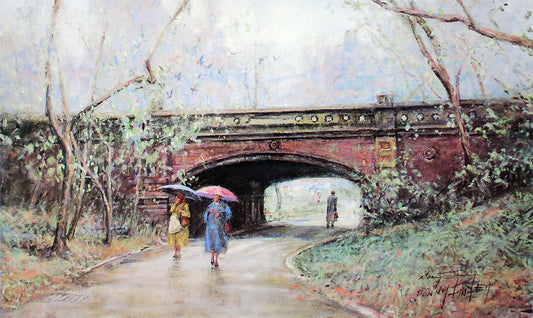 A landscape painting of an American landmark:  the gothic-detailed red brick bridge named Driprock Arch, located in Central Park, New York City. Passersby walk beneath it on the paved path, carrying umbrellas and wearing raincoats.