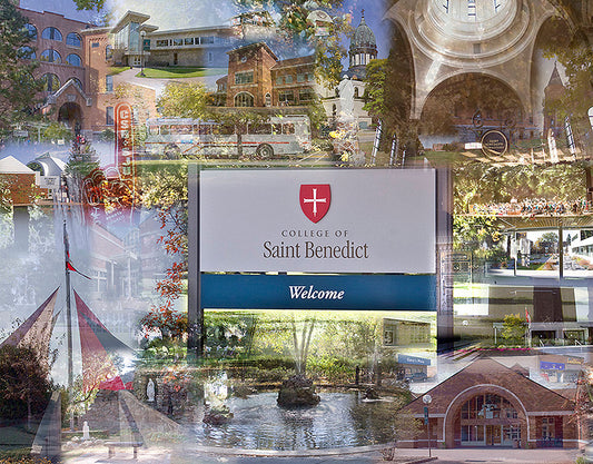 Photo collage of the College of Saint Benedict campus highlighting the architecture and scenery.