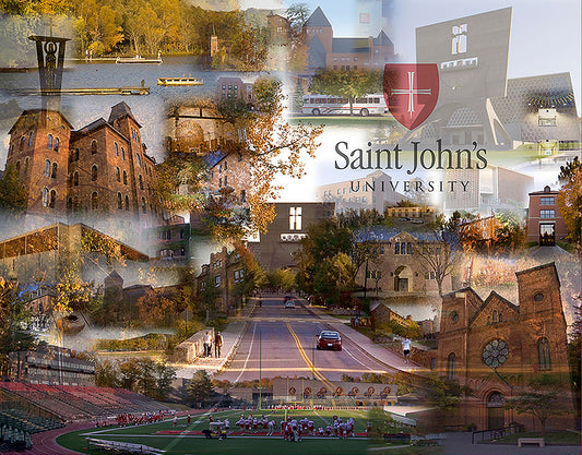 Collage of Saint John's University with various campus scenes and buildings.