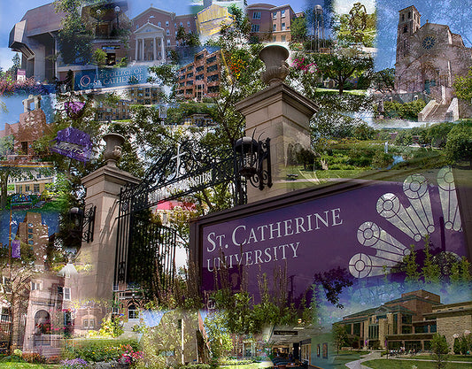 A photo collage highlighting the architecture of St. Catherine University in Saint Paul, Minnesota, USA.