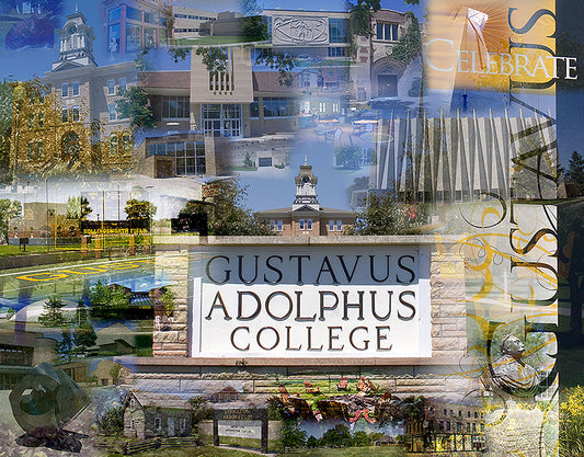 A photo collage of Gustavus Adolphus College with various campus scenes and a prominent sign.