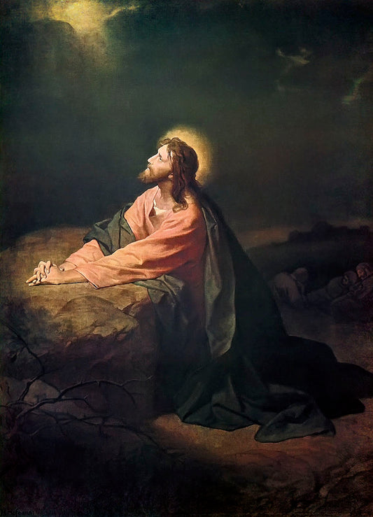 A painting of Jesus praying before his arrest, finding strength through his faith in a moment of vulnerability and sorrow.