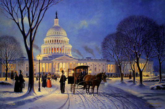 Painting of the U.S. Capitol building at night with a horse-drawn carriage and people in the snow.