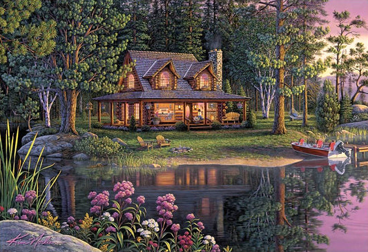 A painting of a wooden cabin by a lake surrounded by trees with flowers in the foreground.