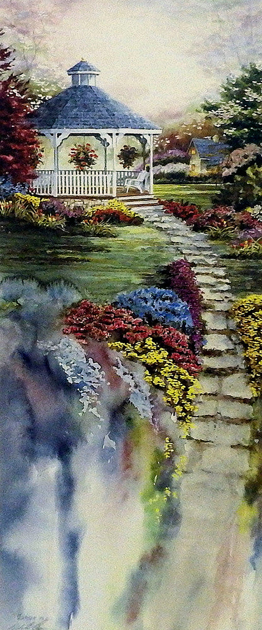 A watercolor painting of a gazebo with a stone path through a colorful flower garden.