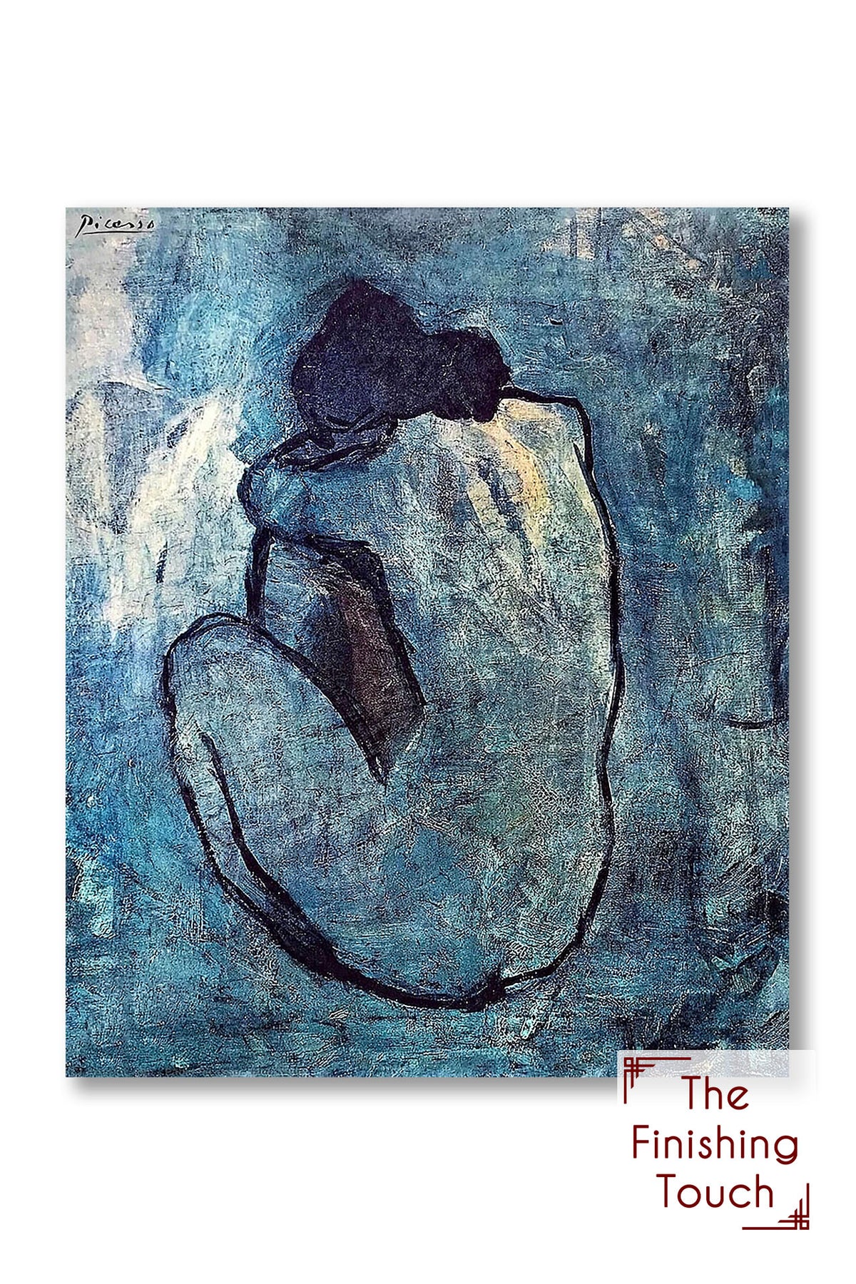A painting in a blue color scheme of a human figure sitting hunched over, facing away from the viewer.