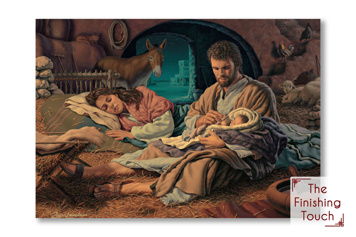 A religious painting depicting Joseph holding baby Jesus while Mary rests, all quietly watched by the farm animals.