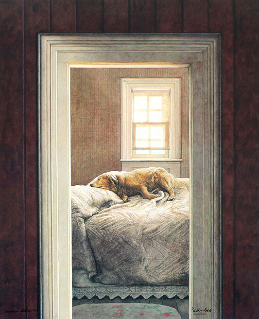 A painting of a retriever dog lying on a person's bed in the sun, napping.