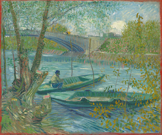 A painting by Vincent van Gogh of a person fishing in a small boat on a French river beneath a bridge in the city.