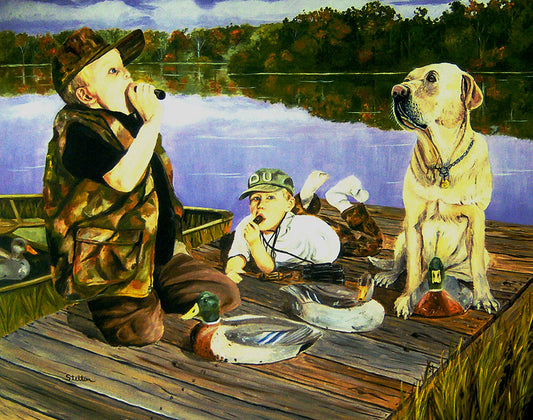 A painted scene of two boys and a dog on a wooden dock by a lake, with duck decoys around them. The children are playing with duck calls.