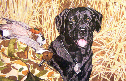 A watercolor painting of a sporting dog posing in the grass with a pile of dead ducks from the day's hunt.