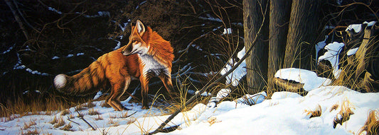A painting of a fox walking through the snowy winter forest.