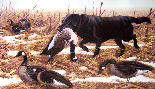 A painted hunting scene showing a black dog carrying a goose in its mouth while several other geese stand in a field with dry grass and patches of snow.