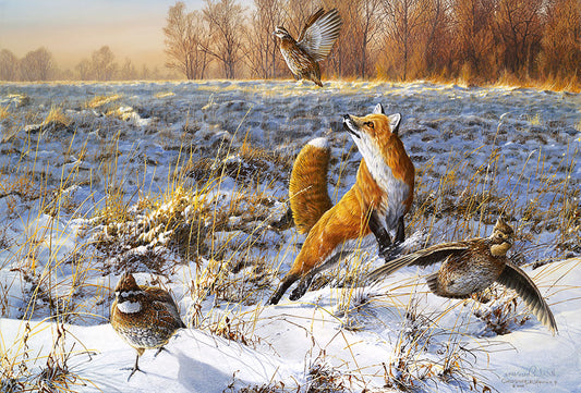 A winter wildlife painting of a fox chasing grouse and quail through a snowy field.