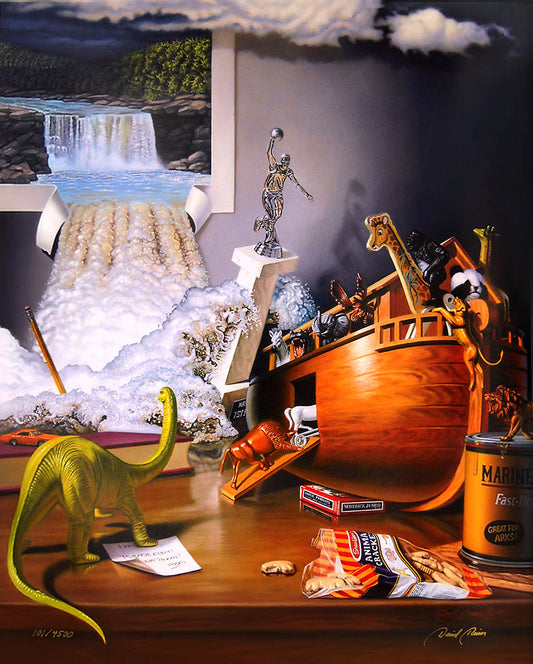 A surreal painted still life scene recreating the Noah's Ark story with toys. Toy animals file onto a toy boat on the table as a flood of water rushes from a picture on the wall.