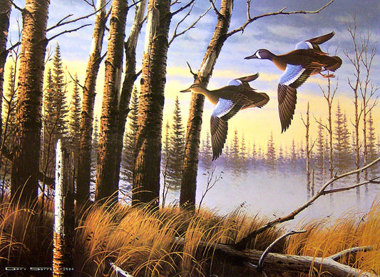 A painting of two bluewing teal ducks flying through a foggy forest marsh.
