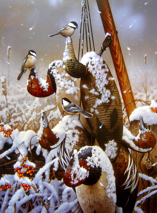 A painting of chickadee birds perching on duck decoys dusted in snow, hanging up by a wooden fence.