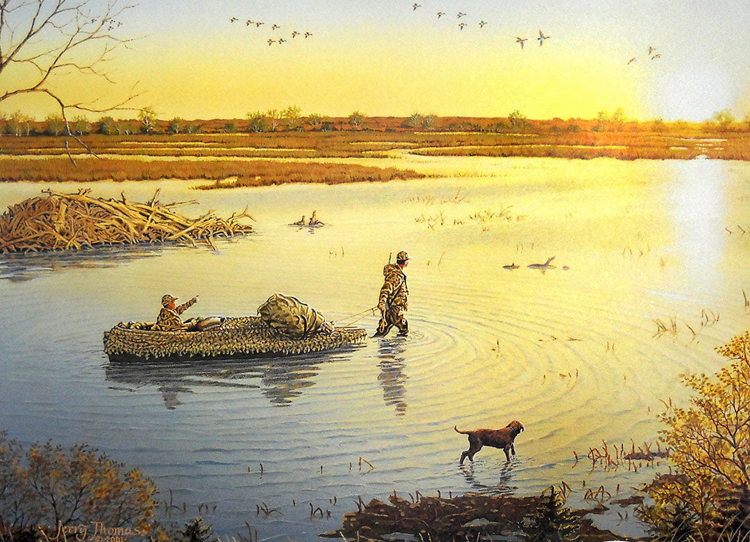 A painting of hunters pulling a canoe into the marsh to go duck hunting in the morning.