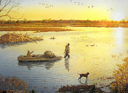 A painting of hunters pulling a canoe into the marsh to go duck hunting in the morning.