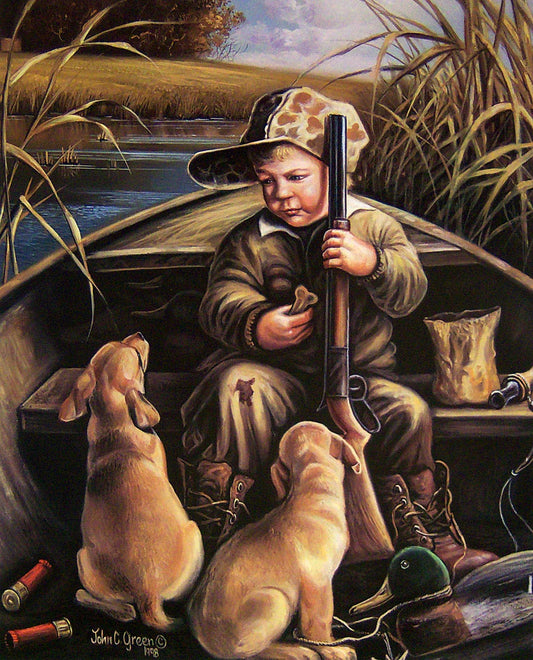 A painting of child in an oversized hunter's outfit, sitting in a boat alongside two puppies. The child holds a shotgun and a dog treat.