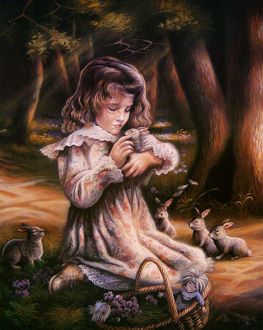A painting of a child sitting in the forest, holding a rabbit as four more watch with curiosity.