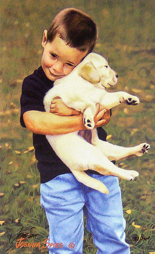 A painting of a child smiling, holding up a golden retriever puppy in a hug.