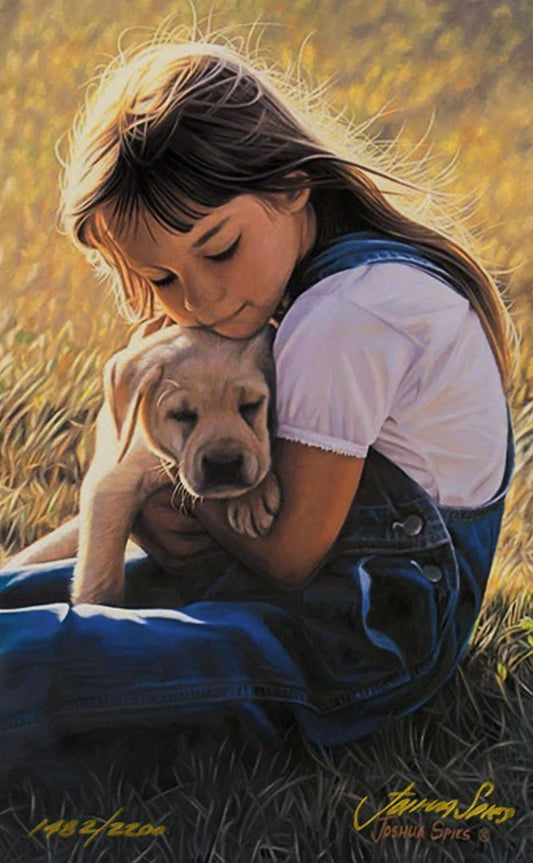 Painting of a child sitting in the grass, hugging a golden retriever puppy.