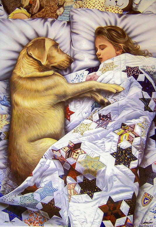 Painting of a child sleeping in bed alongside a retriever dog.