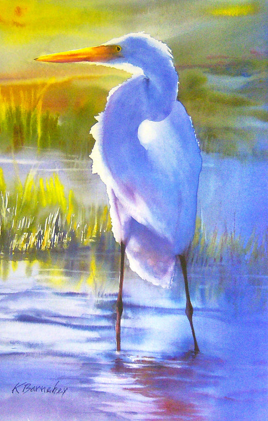 Watercolor painting of a white egret standing in a shallow marsh.