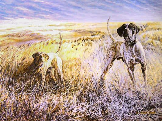 A painting of two English pointer dogs standing alert in a grassy field.