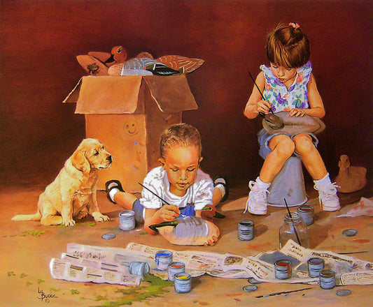 A painting of two children painting duck decoys, accompanied by a curious retriever puppy.