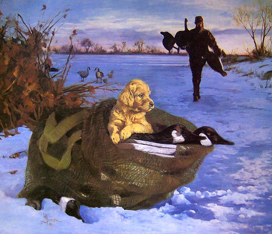 A snowy scene of a hunter setting up goose decoys. In the foreground, a retriever puppy sits inside the hunter's bag of decoys.