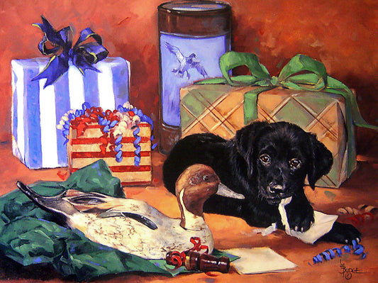 A colorful, spirited painting of a black lab puppy lying among holiday gifts, chewing up an envelope.