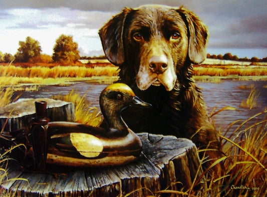 A painting of a sporting dog posed near a march with a duck decoy and call.