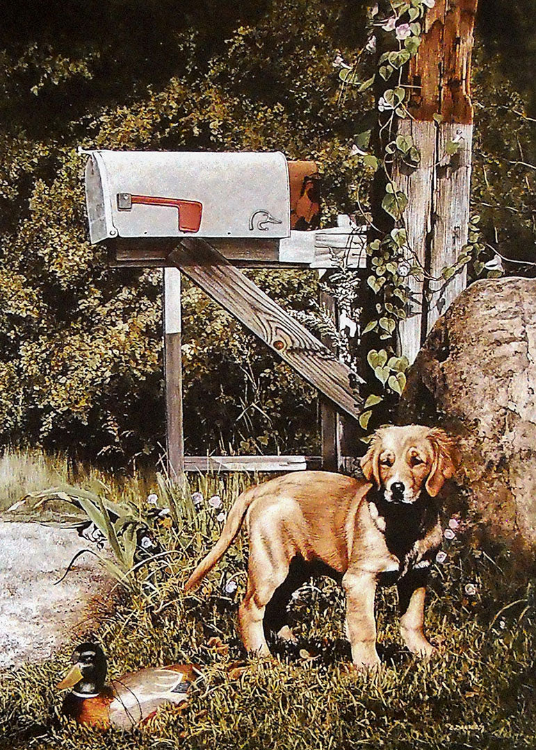 A painting of a golden retriever puppy standing beside a mailbox and duck decoy in a grassy yard with trees in the background.