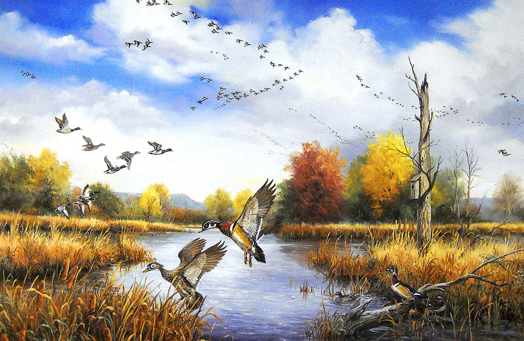 A painting of a autumn marsh landscape, where flocks of wood ducks, mallards, and more fly through the sky.