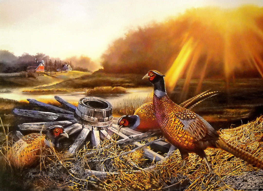 A painting of pheasants investigating a discarded wooden wheel on a bright autumn morning.