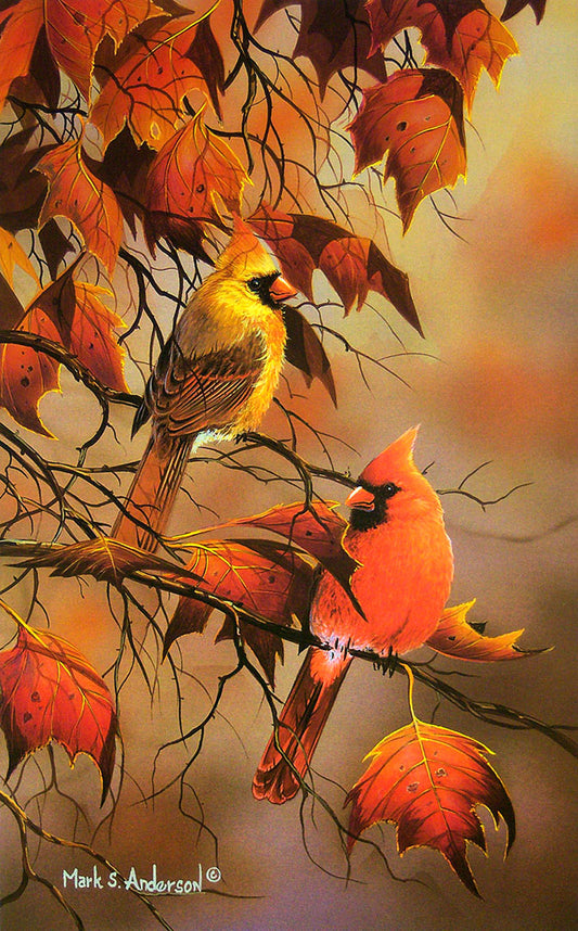 A painting of two cardinals perched among autumn leaves on branches, with a soft glowing background.