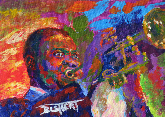 A colorful expressive portrait of jazz and blues musician Louis Armstrong playing the trumpet.