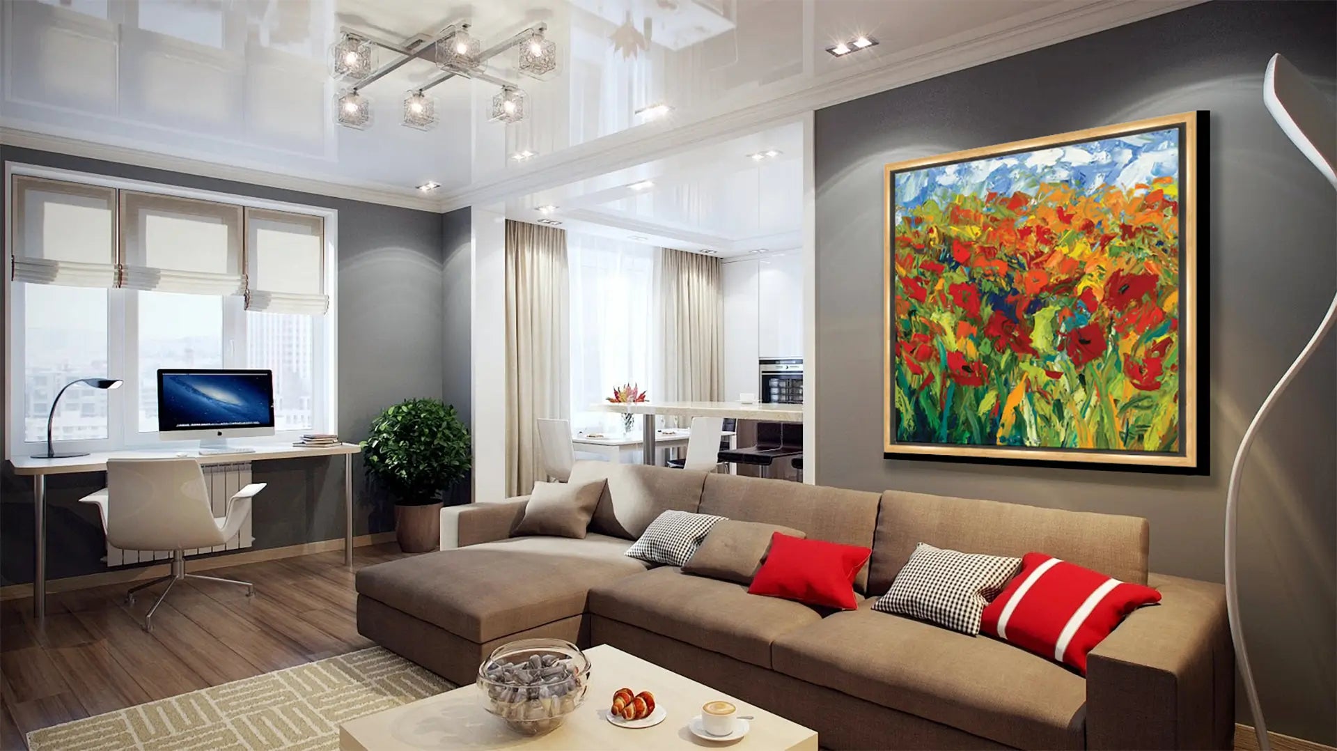 A contemporary living space with a large floral canvas wall art print hanging in a float frame.