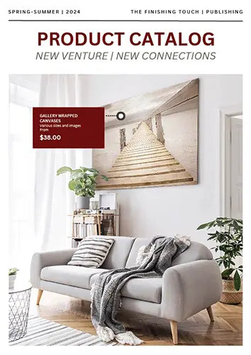 Cover image reading 'product catalog' featuring a living room decorated with art prints.