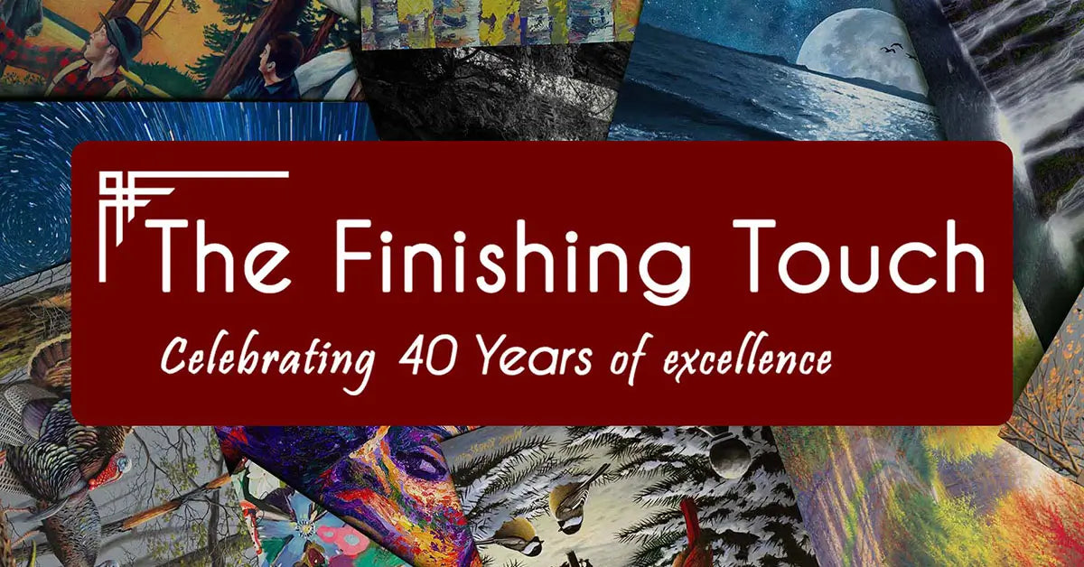 A collage of art prints overlaid with a red rectangle with white text reading "The Finishing Touch, celebrating 40 years of excellence."