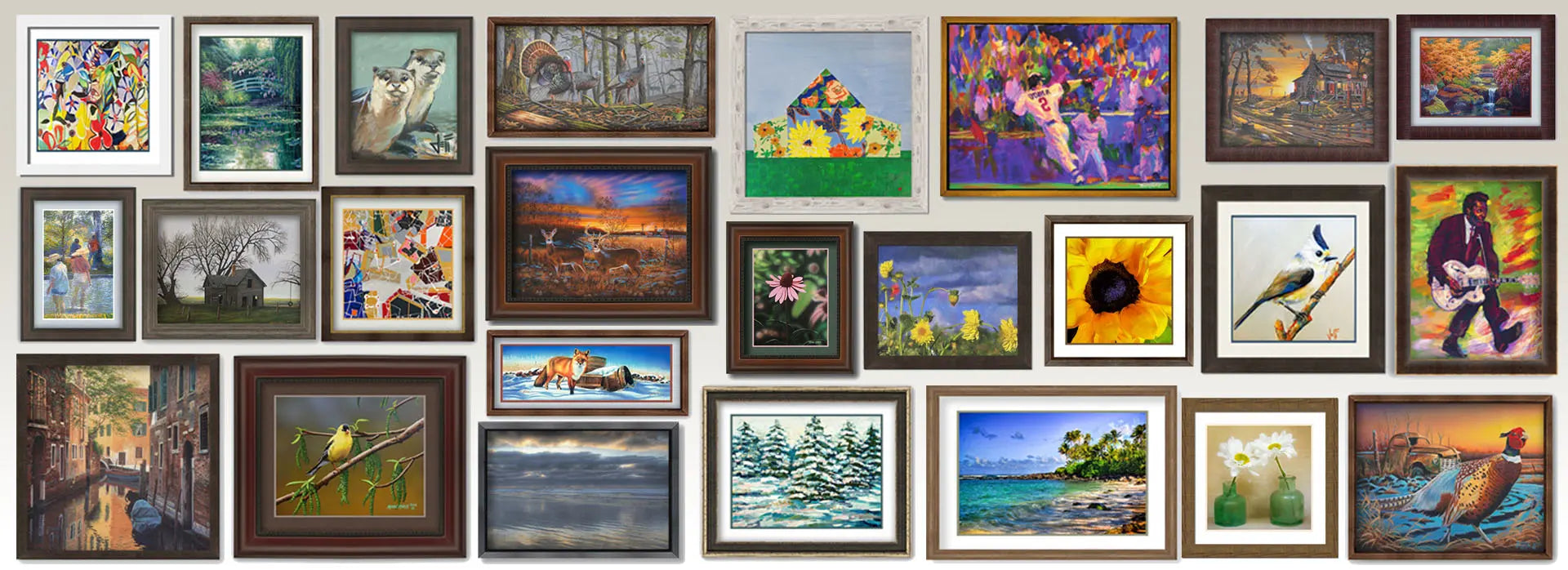 A collage of paintings and photographs in a variety of picture frames.