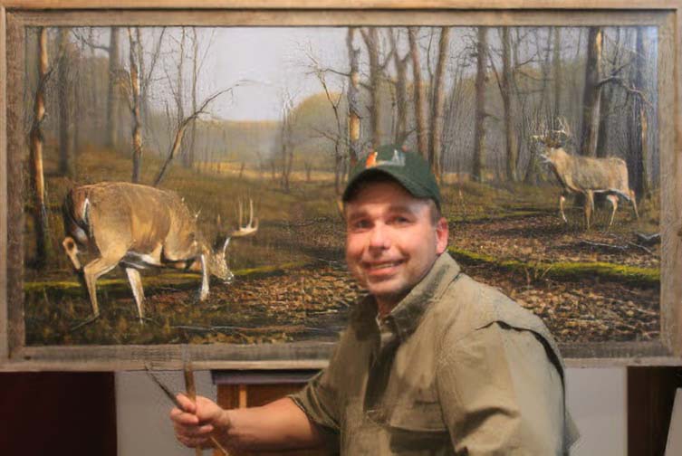 Artist Geno Peoples sitting in front of a painting he created of two deer in the woods.